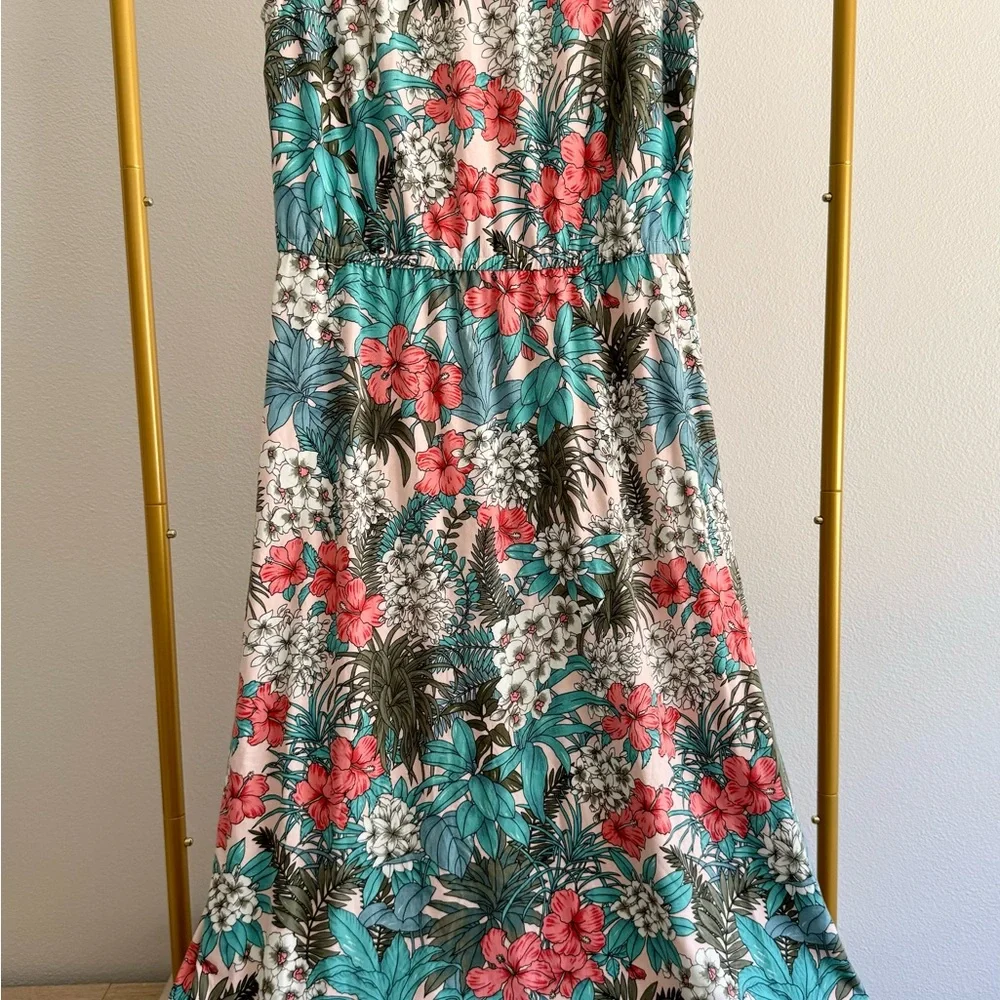 TALBOTS FLORAL JUNGLE JERSEY MAXI DRESS SLEEVELESS SUPER SOFT TROPICAL SZ L‎